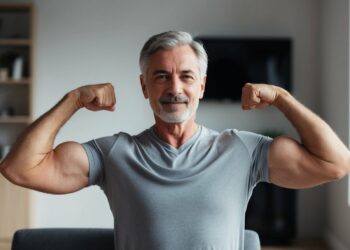 60 year old man showing off his muscles