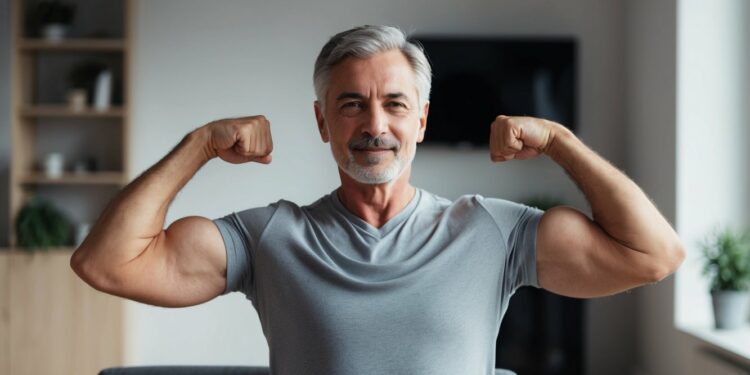 60 year old man showing off his muscles