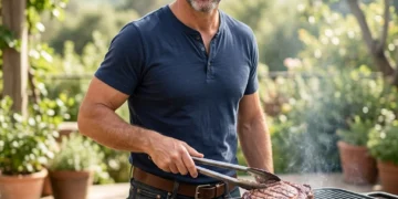 man BBQing steak