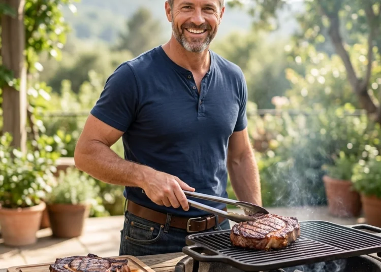 man BBQing steak