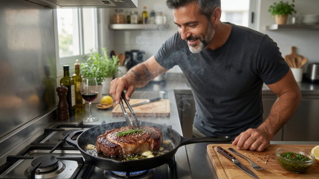 a fit and healthy middle aged man cooking his steak and looking forward to tucking into it