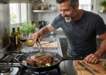 a fit and healthy middle aged man cooking his steak and looking forward to tucking into it