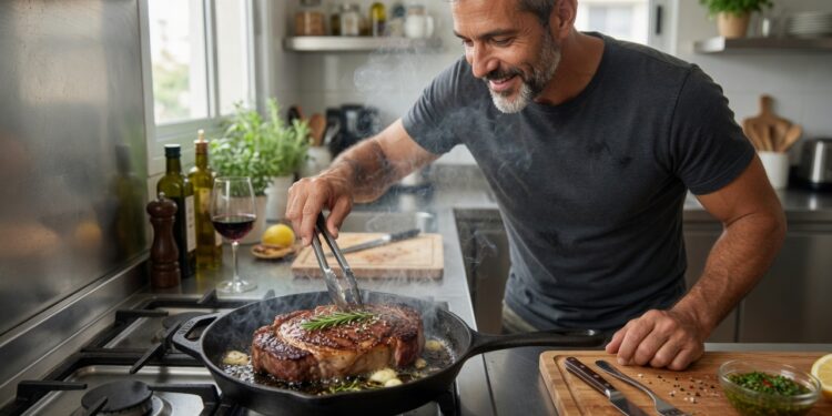 a fit and healthy middle aged man cooking his steak and looking forward to tucking into it