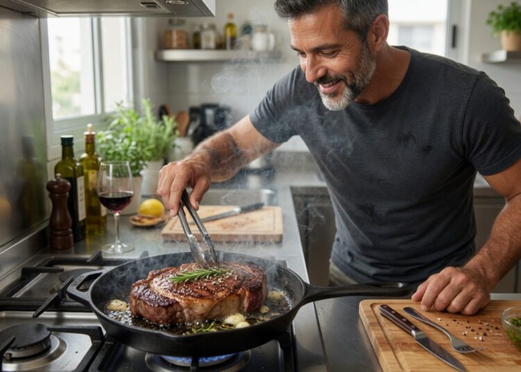 a fit and healthy middle aged man cooking his steak and looking forward to tucking into it