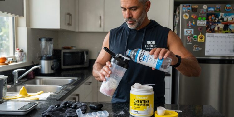 a man prepares his creatine drink before working out