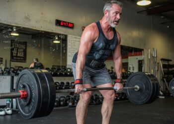 a middle aged man doing deadlifts