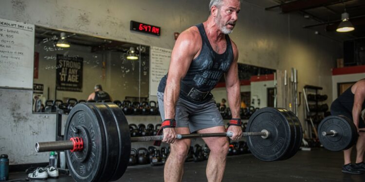 a middle aged man doing deadlifts