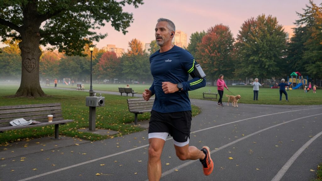 middle aged man jogging through a park
