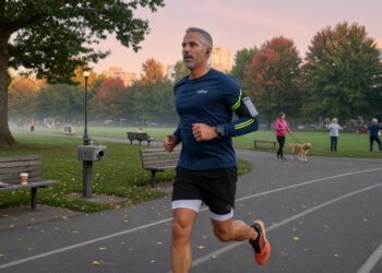 middle aged man jogging through a park