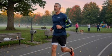 middle aged man jogging through a park