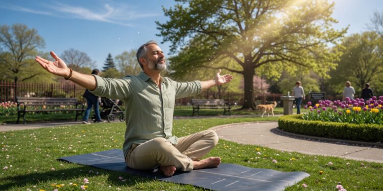 man meditating on a sunny day in the local park