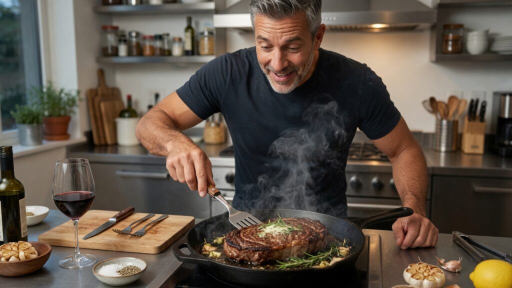 a man prepares his carnivore lifestyle dinner