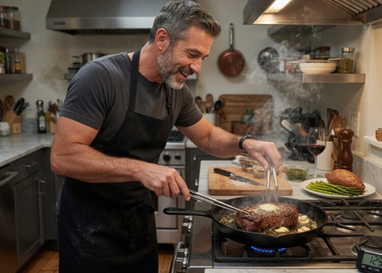 man cooking a steak