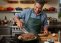 middle aged man cooking a steak