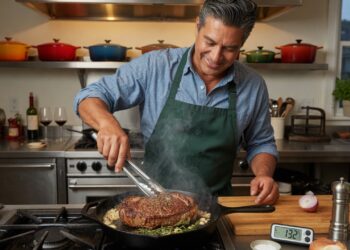 middle aged man cooking a steak