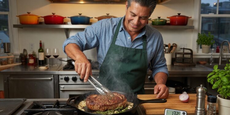 middle aged man cooking a steak