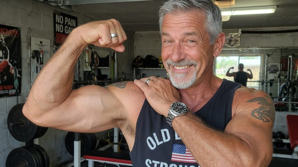 55 year old man showing off his big biceps